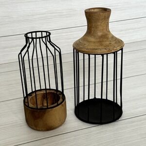 Rustic Wood & Metal Cage Candle Holders Farmhouse‎ Accent Decor Set of 2